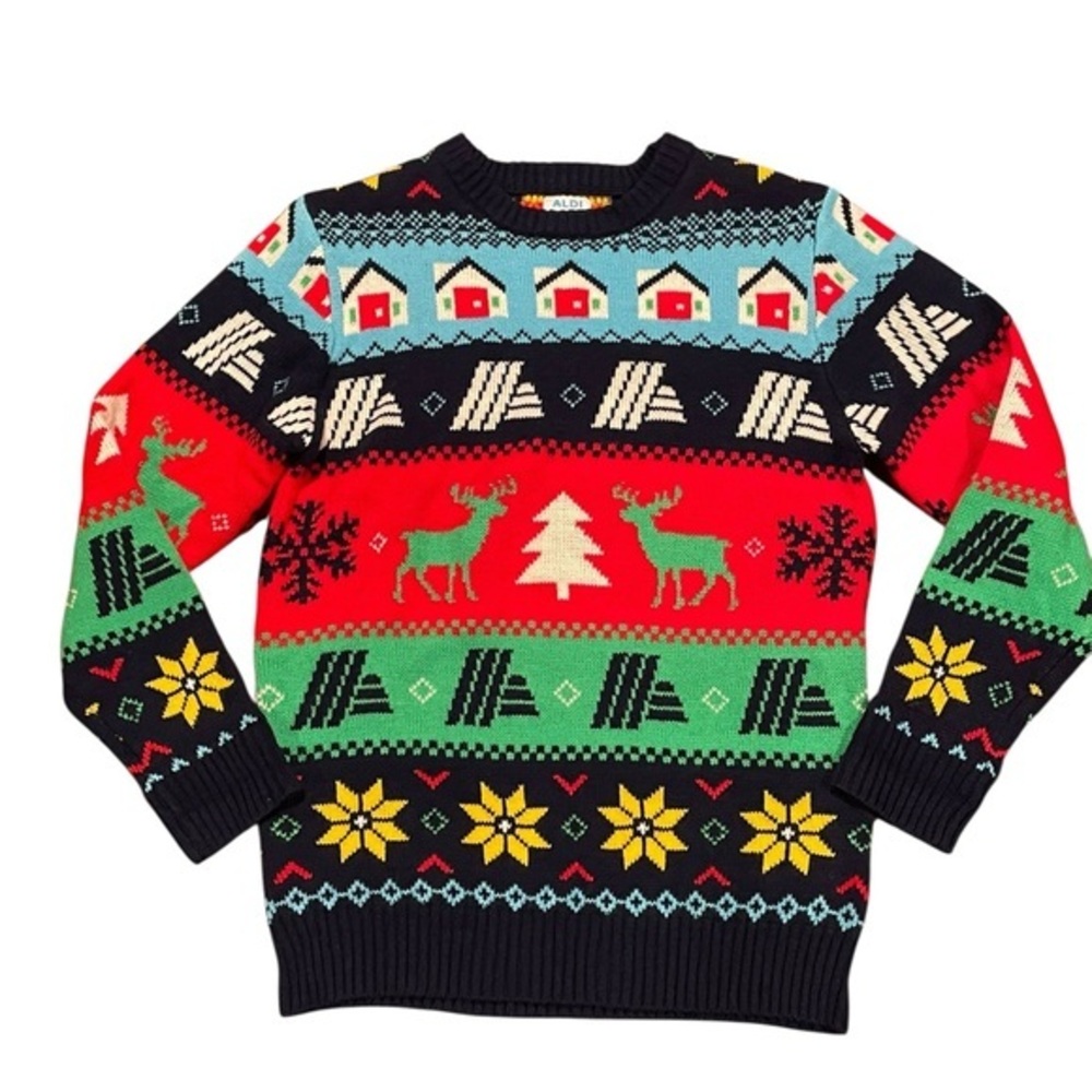 Small Aldi Christmas Sweater Adult Mens‎ Ugly Fair Isle Reindeer Blue